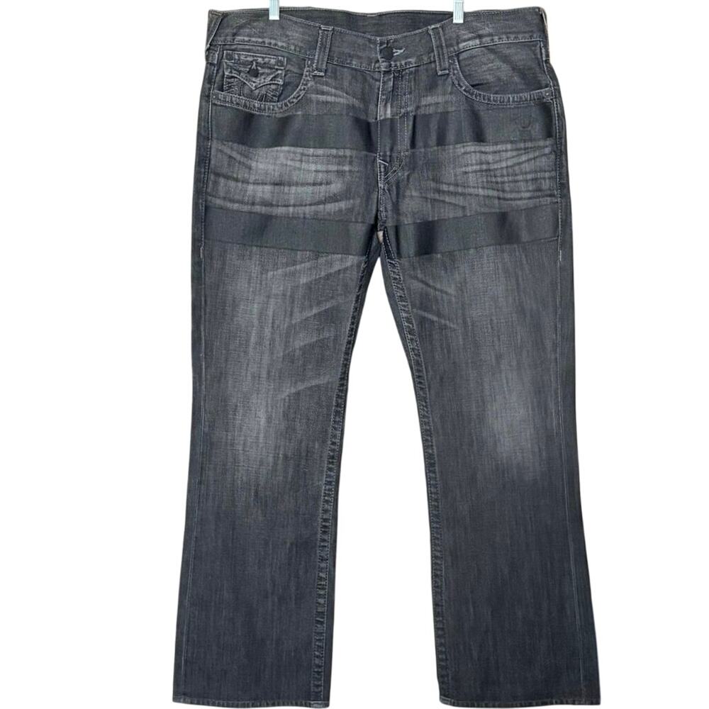 TRUE RELIGION SN W Print men’s Jeans STRAIGHT Flap Pockets Coated Gray Stripe 40